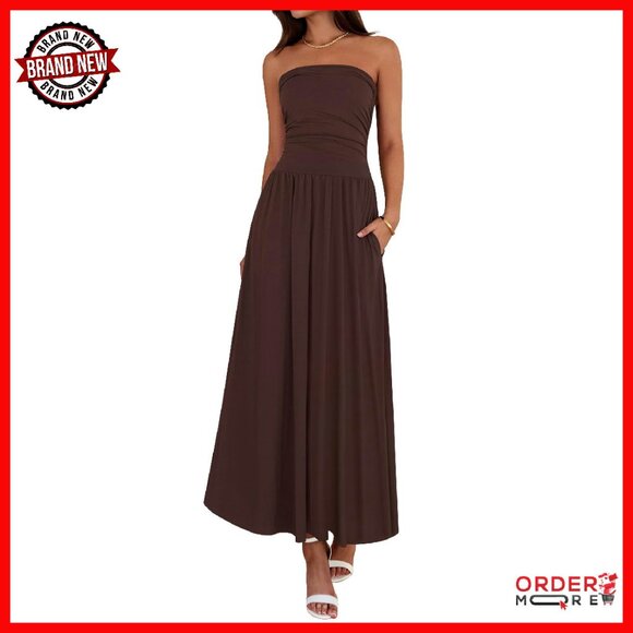 Strapless Ruched Maxi Dress with Pockets Viscose Blend Formal Casual